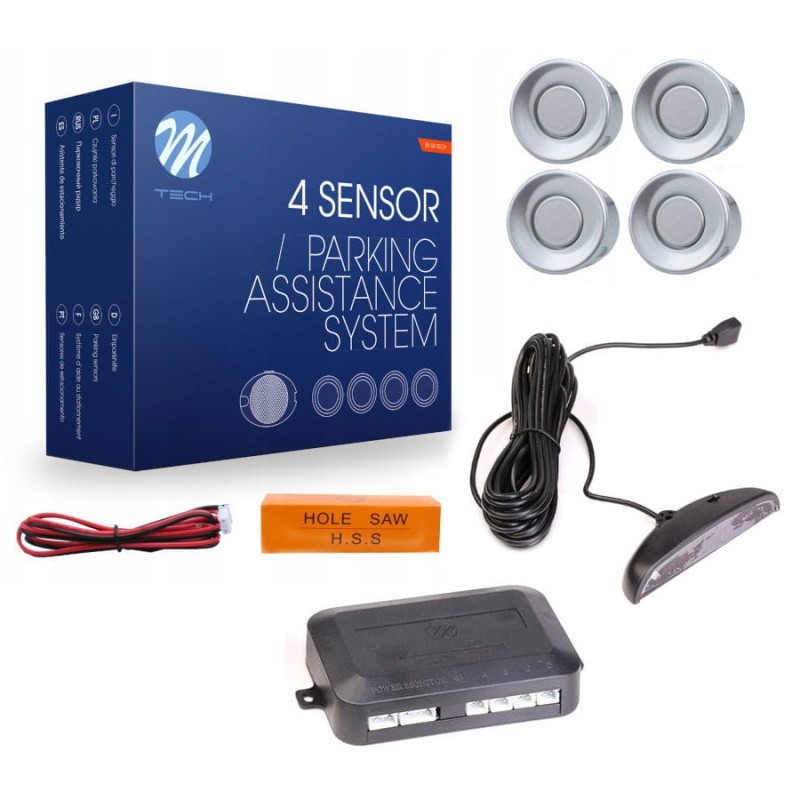 Zestaw srebrnych czujników parkowania z wyświetlaczem